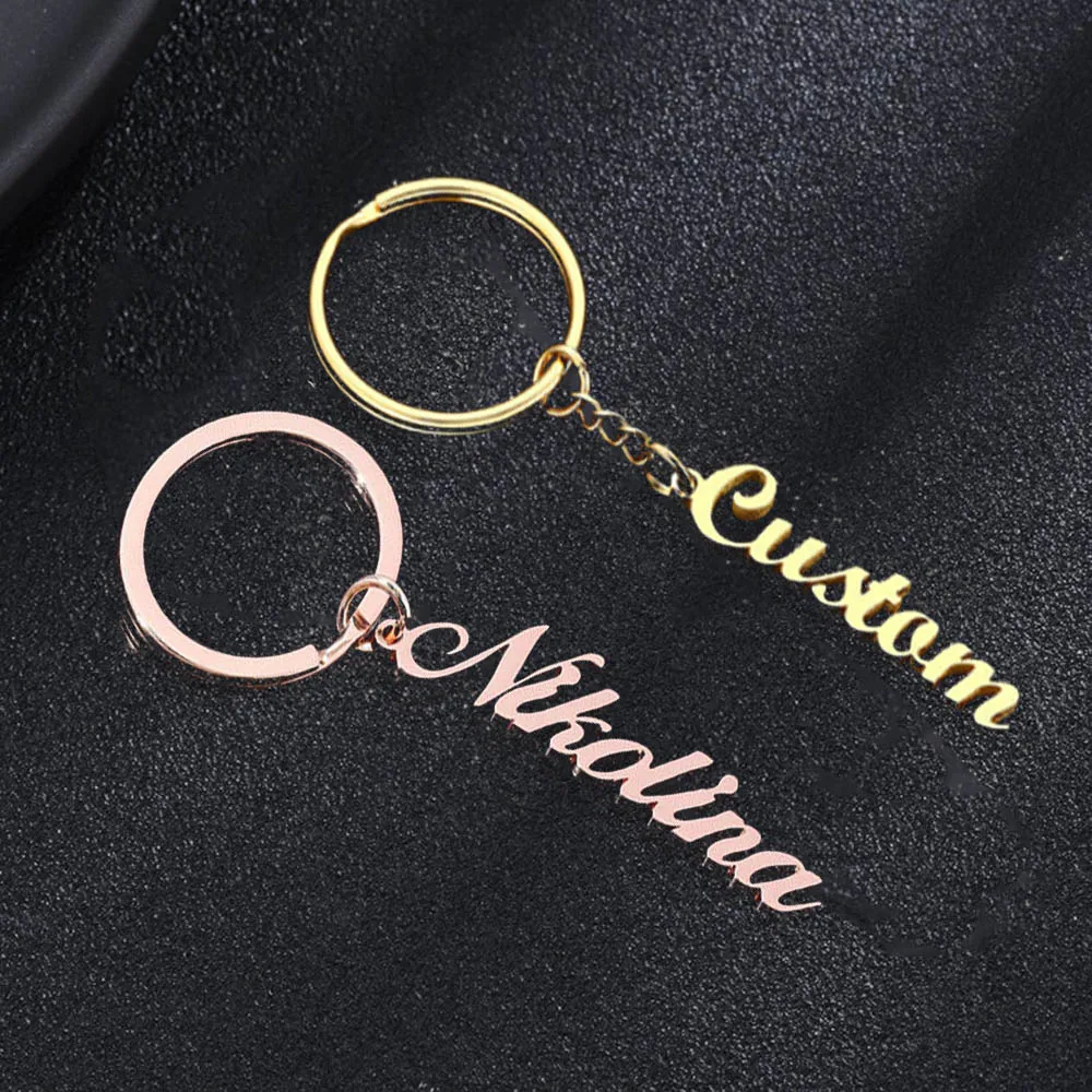 

HUHUI Custom Name Keychain Personalized Vertical Nameplate Pendant Stainless Steel Keyring For Unisex Family Jewelry Best Gift