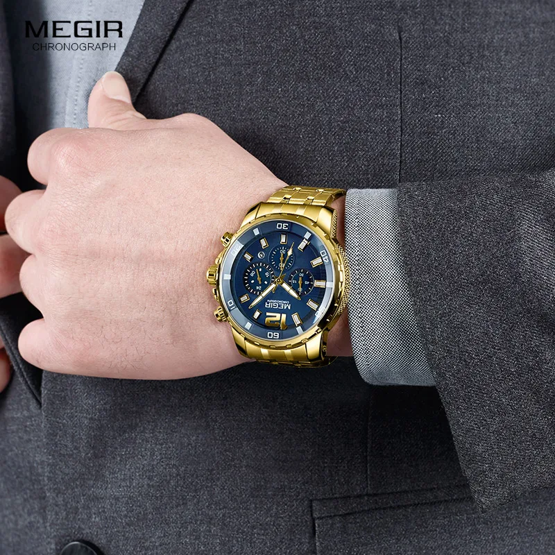 

MEGIR Mens Watches Top Brand Luxury Army Military Chronograph Gold Quartz Watch Clock Men Relogio Masculino Business Wristwatch