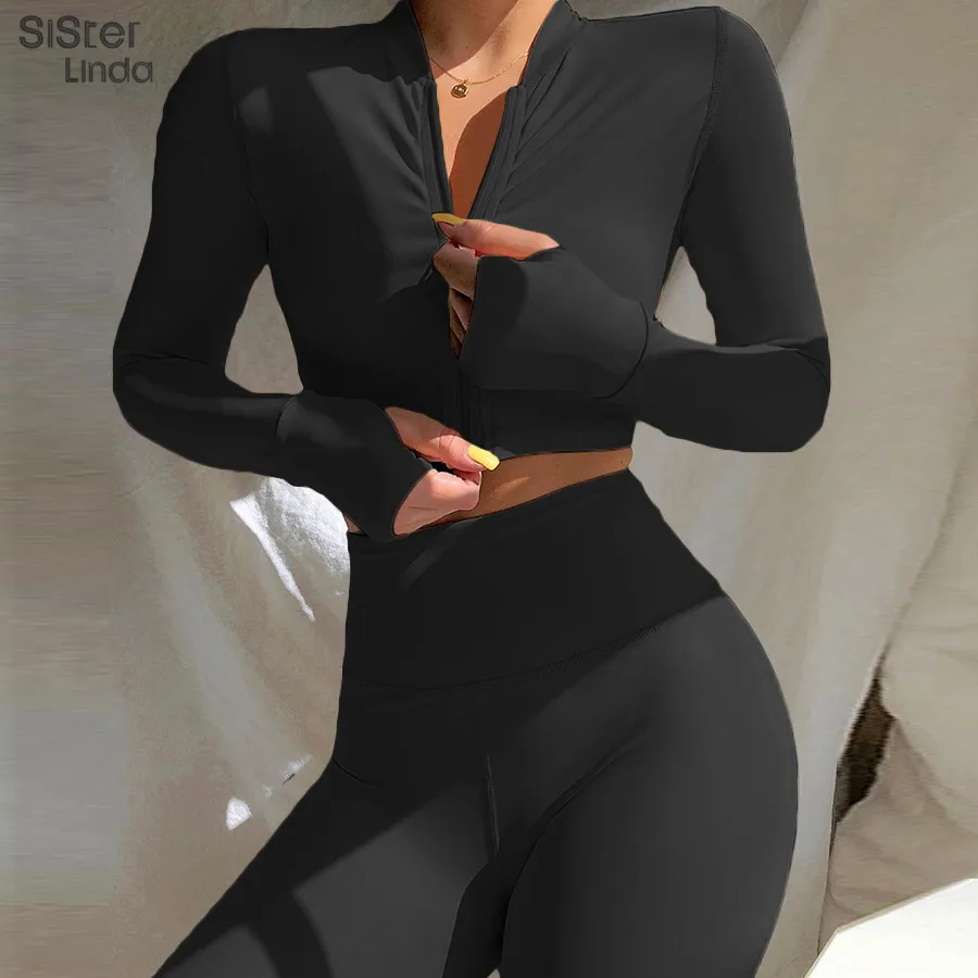 

Sisterlinda зимний женский комплект из 2 предметов, укороченный топ с длинными рукавами, футболка, леггинсы, штаны, костюм, облегающий спортивный ...