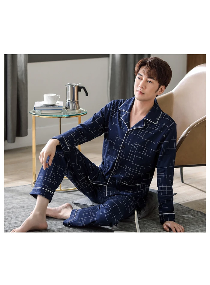 Men Pyjama Set 100% Cotton Spring Long Sleeve Print Men Pajama Suit Autumn Nightwear Collar Pijama Male Sleepwear Two Piece XXXL mens short pjs