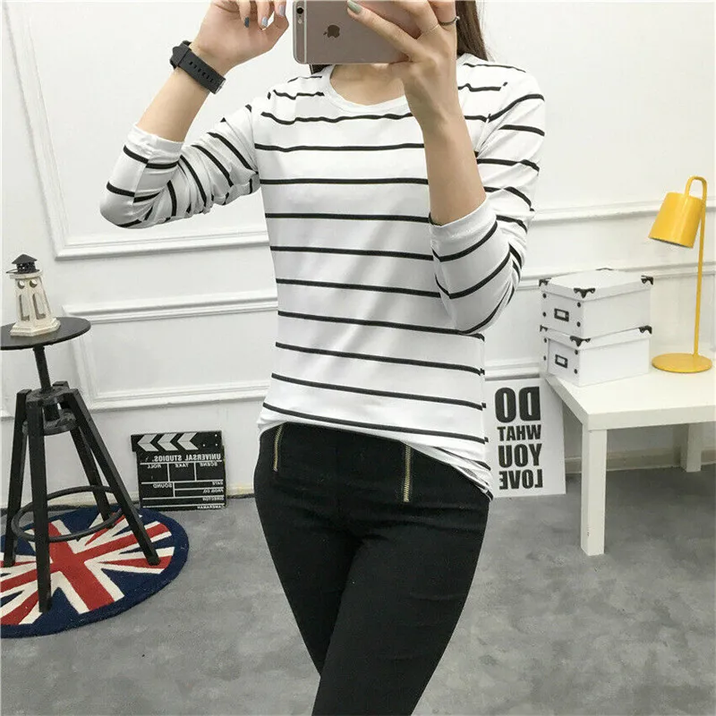 Женская футболка с длинным рукавом повседневная Приталенная в полоску круглым