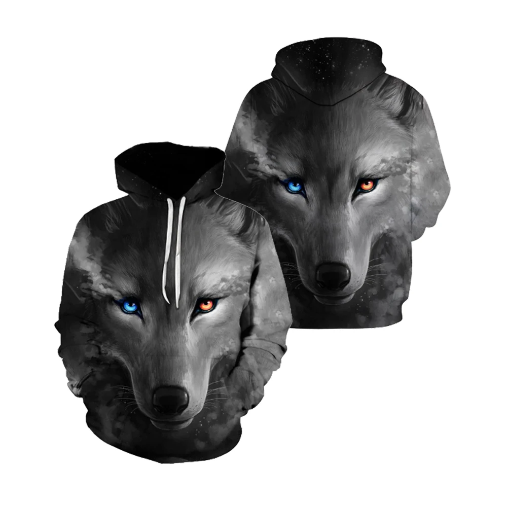 

USA Size Men's Fashion 3D Hoodie Gray Fox With Colored Eyes Print Jackets Funny Outdoor Pullover Streetwear