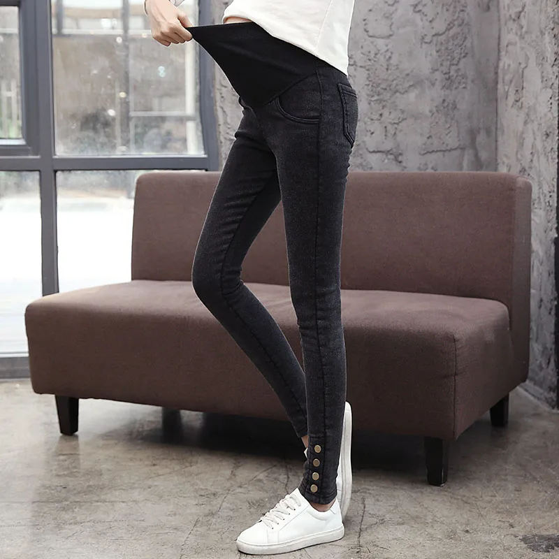 Черный 1717# Nailing Autumn Stretch Washed Denim Maternity Pants High Waist Adjustable Belly Pencil Pants for Pregnant Women Pregnancy - Цвет: Черный