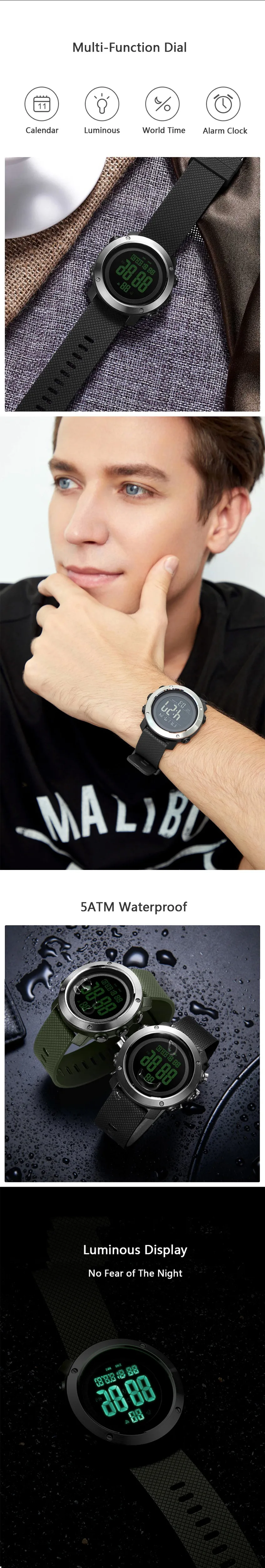 Xiaomi ALIFIT уличные цифровые часы жизнь водонепроницаемый подсветка Календарь Будильник Секундомер обратный отсчет спортивные часы для мужчин женщин подарок
