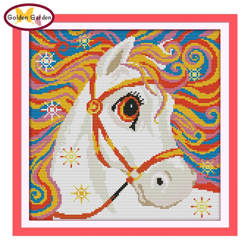 

GG Rainbow Horse Counted or Stamped Cross Stitch 11CT14CT DIY Kits Needlework Embroidery Cartoon JS Cross Stitch Sets for Kids