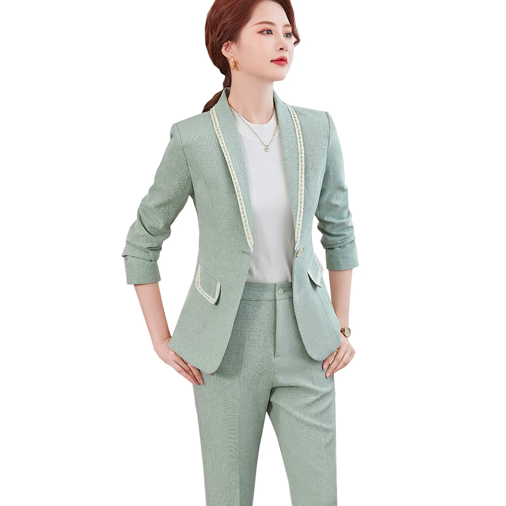 Women's Office Formal Work Wear Pant Suit Jacket Ladies Pink Black Green Apricot Long Sleeve Classic Solid Two Piece Blazer Set