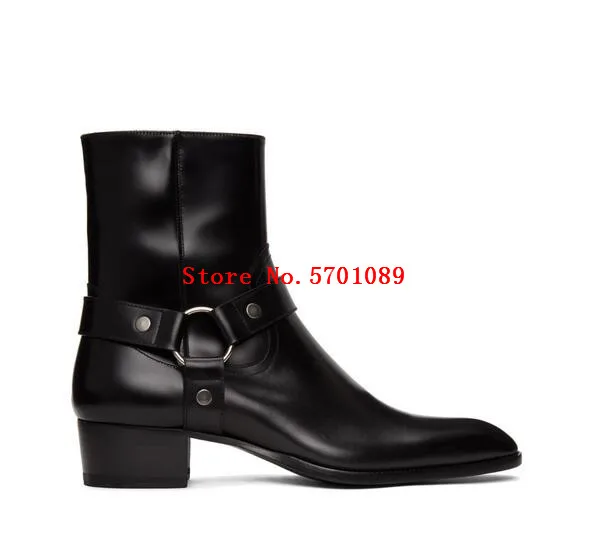 

Man Paris Black Wyatt Harness Boots Ankle-high Buffed Calfskin Boots Pointed Toe Press-stud Straps O-ring Zip Calfskin Shoes