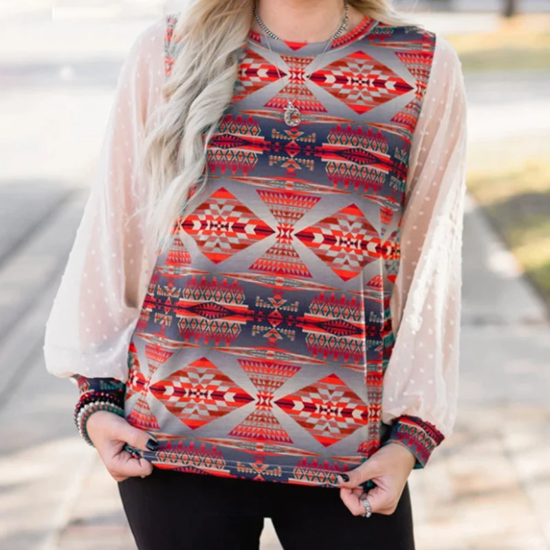 Casual Loose Office Lady Stitching Pullover Top New Mesh Long Sleeve Women Tops Fashion Summer Slim Fit Printed Bottoming Shirts | Женская