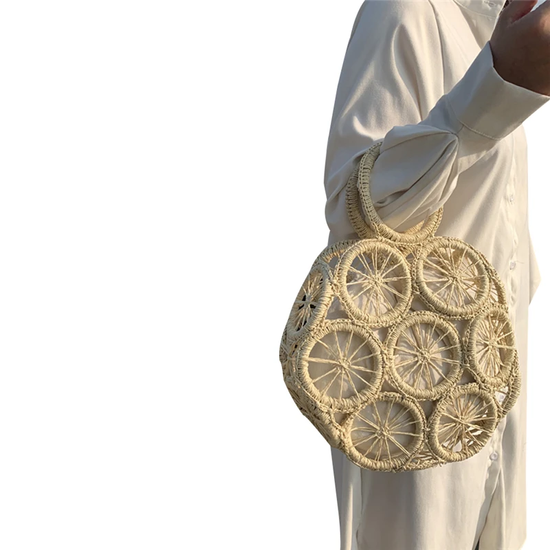 

2021 Fashion Trend Lady Round Hollow-out Top-Handle Bags Vintage Straw Clothes Beach Holiday Large Capacity Tote with Handles