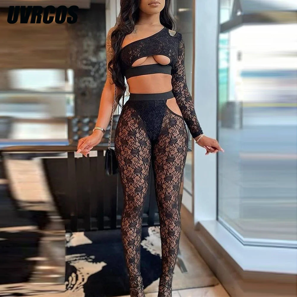 

UVRCOS Женская одежда, наряды, кружевной комплект из двух предметов, женский сексуальный костюм с вырезом на одно плечо, прозрачный Укороченны...