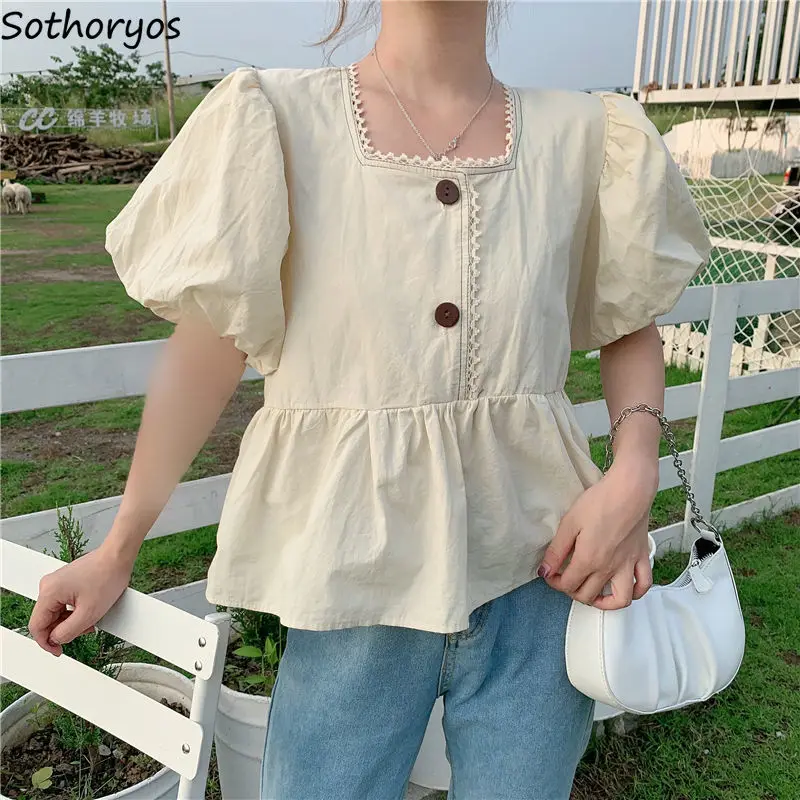 Women Shirts Blouses Square Collar Puff Sleeve Button Sweet Girls Tops Ruffles Loose Solid All-match Ulzzang Casual Hot Sale New