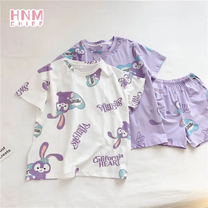 

Kawaii Purple Cartoon Print Pajama Sets Korean Style Casual Crew Neck Cardigan Female Sleepwear Loose Short Sleeve Pajamas Suit