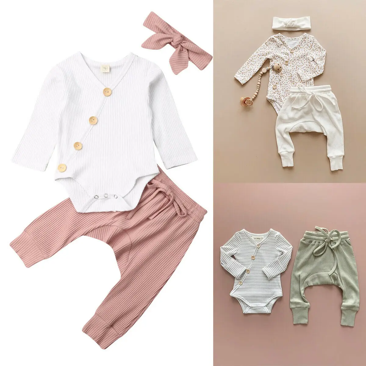 0-18M Infant Baby Girl Boy Knitted 3Pcs Sets Romper+Pants+Headband Casual Autumn Outfits Cotton Clothes Newborn | Детская одежда и