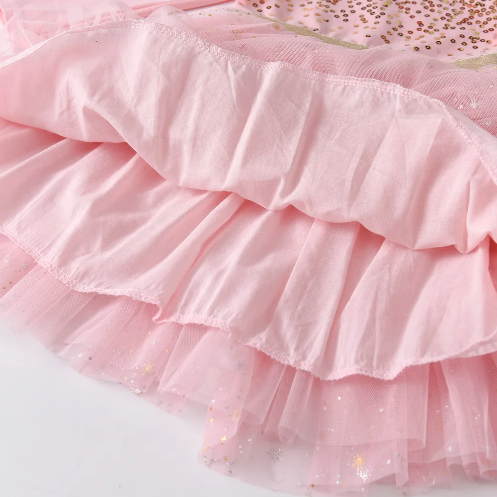 VIKITA Kids Dress for Girl Cake Layered Mesh Tulle Princess Dress Children Casual Clothing Wedding Party Gown Sequins Costumes