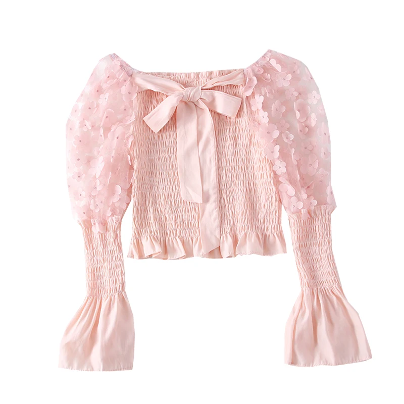 

2021 Sweet and Versatile Three-dimensional Flower Off-the-shoulder Necktie with Bowknot Chiffon Shirt Blouse Women