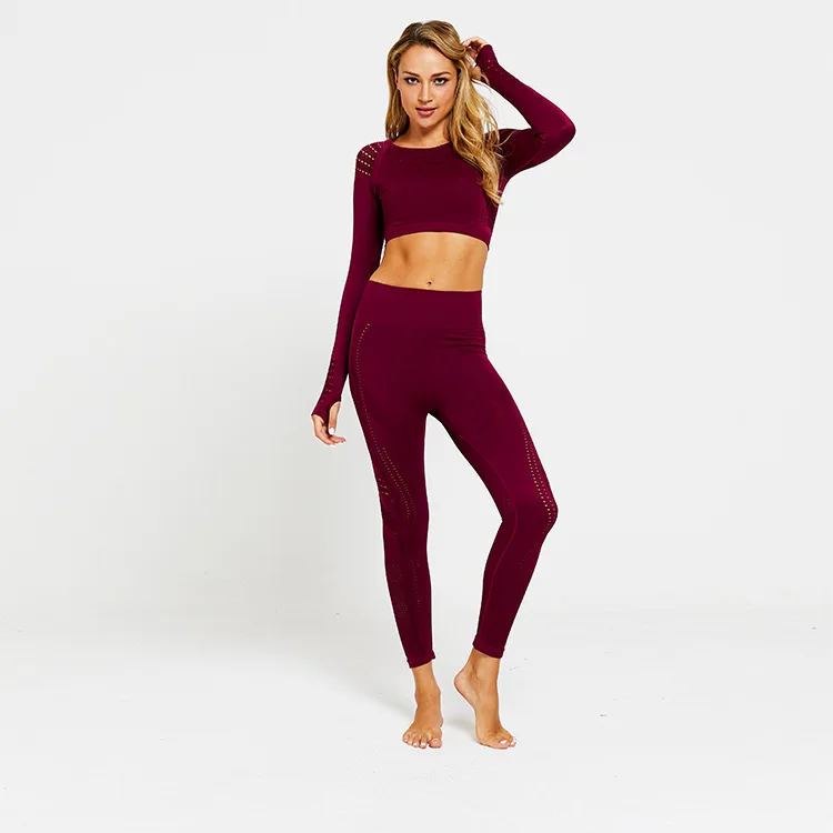 Dark Purple 2pcs set 2 шт./компл. Ombre Бесшовные женские спортивные костюмы тренажерный зал тренировки одежда с длинным рукавом фитнес укороченный топ и скручивание прикладом Леггинсы для йоги набор - Цвет: Dark Purple 2pcs set