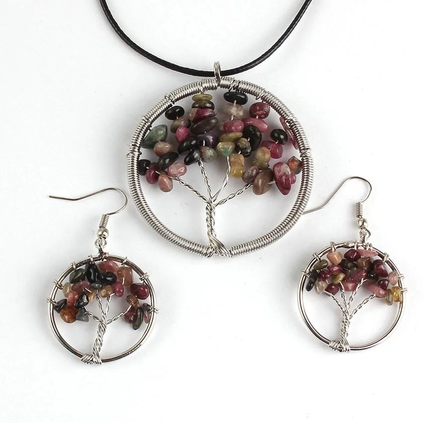

FYSL Silver Plated Wire Wrap Tree of Life Tourmaline Stone Pendant Drop Earrings Yellow Citrines Crystal Jewelry Set