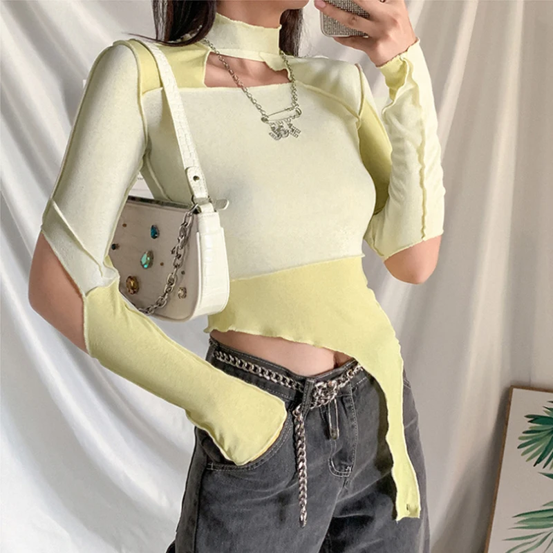 

2021Fashion Women Patchwork Top Y2k Crop Long Sleeve Tees Poleras Mujer High Collar Stitching Irregular Navel Exposed Streetwear