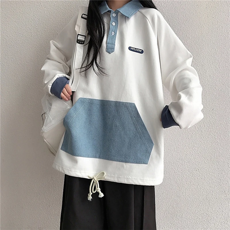 

Fashion Japanese Streetwear Women Sweatshirt Long Sleeve Top Polo Collar Loose Sweatshirts Pullover Denim Patchwork Kpop ​top