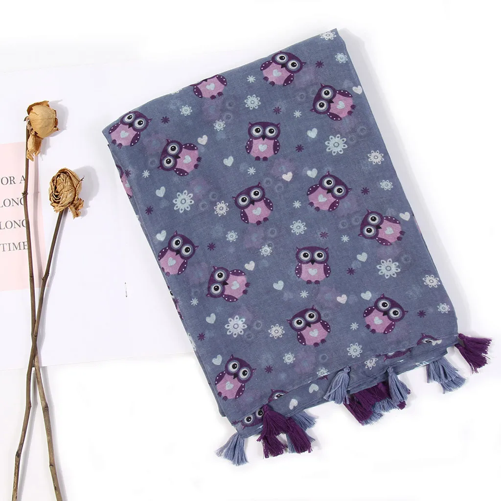 Модные зимние теплые шали шарф женский с принтом Совы и кисточками роскошный