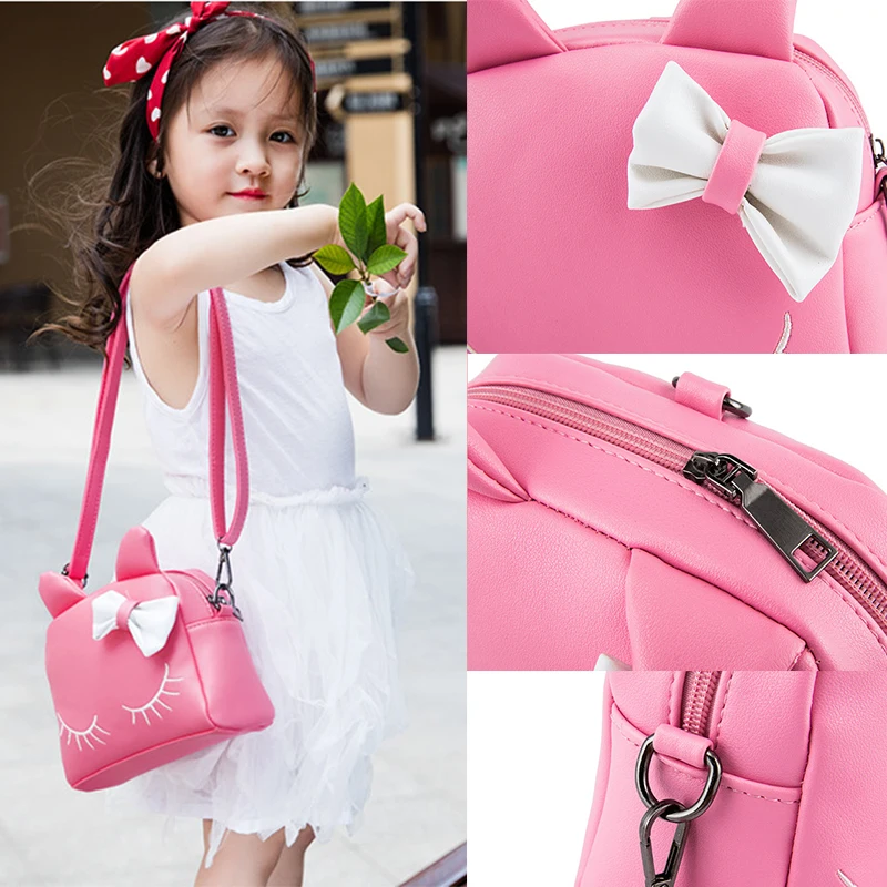 Fashion PU Leather Cat Children's Backpack Grils Messenger Bag Kindergarten School Bag Cartoon Backpack For Kids