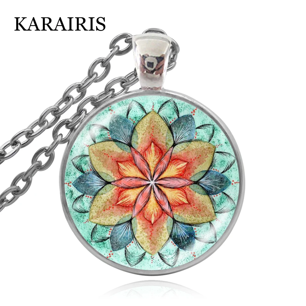 

KARAIRIS New Yoga Mandala Buddhist Necklace Sacred Geometry Flower of Life Printed Glass Cabochon Women Necklaces for Lover