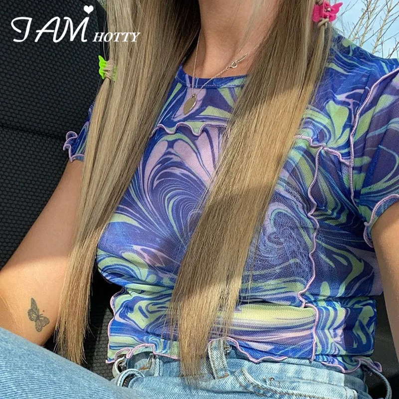

Paisley Print Mesh Casual Crop Top Tee Women Y2K 2000s Aesthetic Short Sleeve T-shirt Basic Crewneck Summmer Shirts 90s Iamhotty