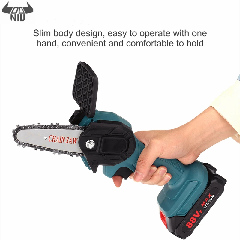 

DANIU 800W 88VF 4 дюйма Аккумуляторная Электрическая цепная пила зеленый легкий небольшой цепной пилы для деревообработки с 1/2 шт. Батарея