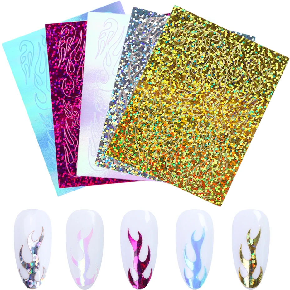 10 шт. 3D пламени нейл арта Стикеры голографические золотые серебряные Синий