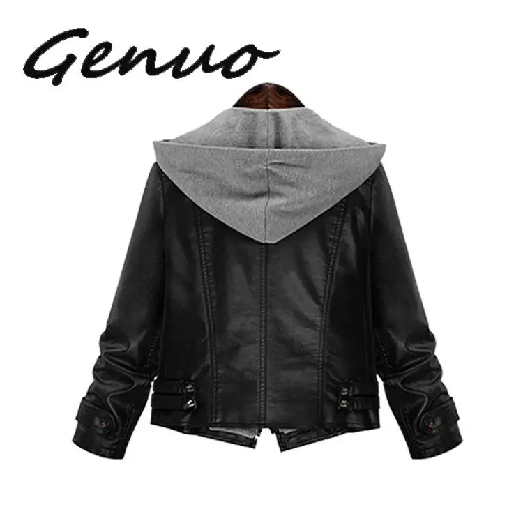 

Genuo New 2019 Women's Leather Jacket Large Size Female Thin Hooded Long-sleeved Leather Women Short Coat Hot Sale