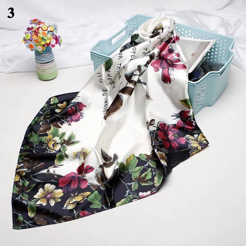 

Wholesale Fashion Floral Print Kerchief Silk Satin Shawls and Wraps Hijab Scarfs Female 90cm*90cm Square Bag Scarves For Ladies