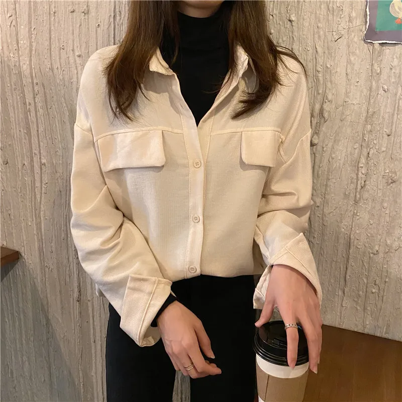 

Vintage Blouse Turn-Down Collar Loose Corduroy Loose Shirt