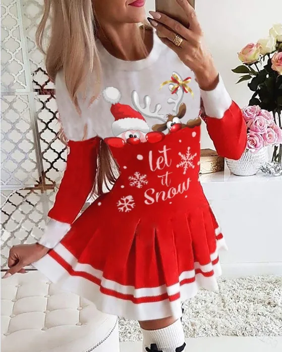 

2021 Christmas New Year Red Mini Dress Snowflake Deer Print Long Sleeve O Neck Long Sleeve Autumn Spring Pleated Short Dresses