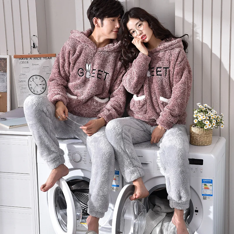 

Новинка, бархатная Пижама для пары, зимние теплые пижамные комплекты для мужчин и женщин, длинные брюки с длинным рукавом, милый плотный фла...