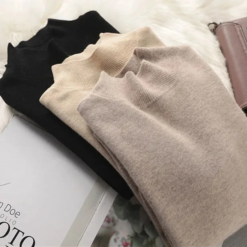 

Осенне-зимний свитер с полувысоким воротником, тонкий шерстяной пуловер, топы с длинным рукавом, однотонный джемпер, Повседневные базовые ж...