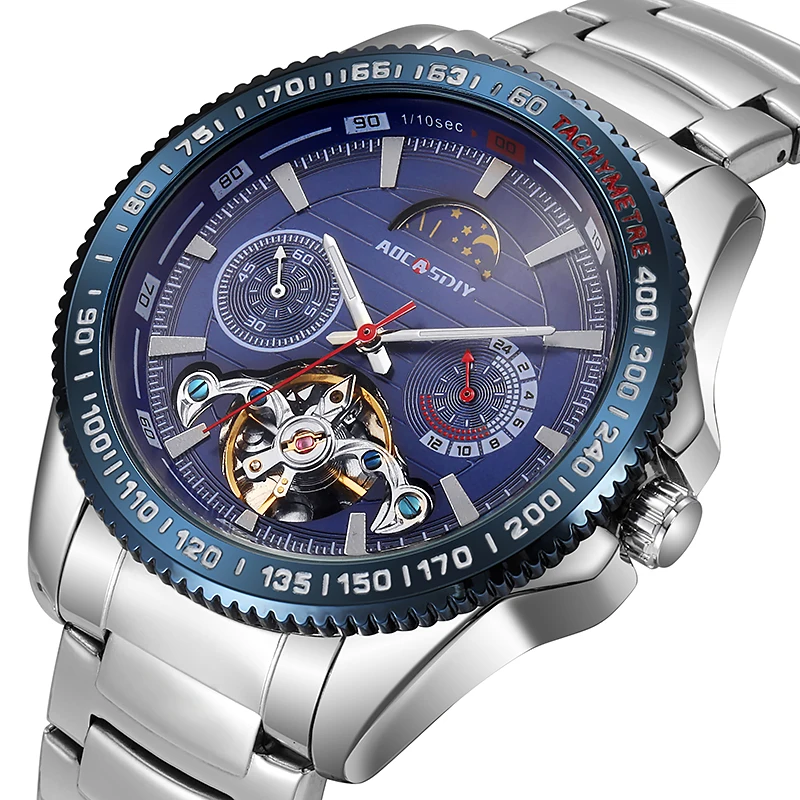 

AOCASDIY Original exquisite skeleton mechanical watch luxury stainless steel watch for men's self-winding watch, luminous dial,