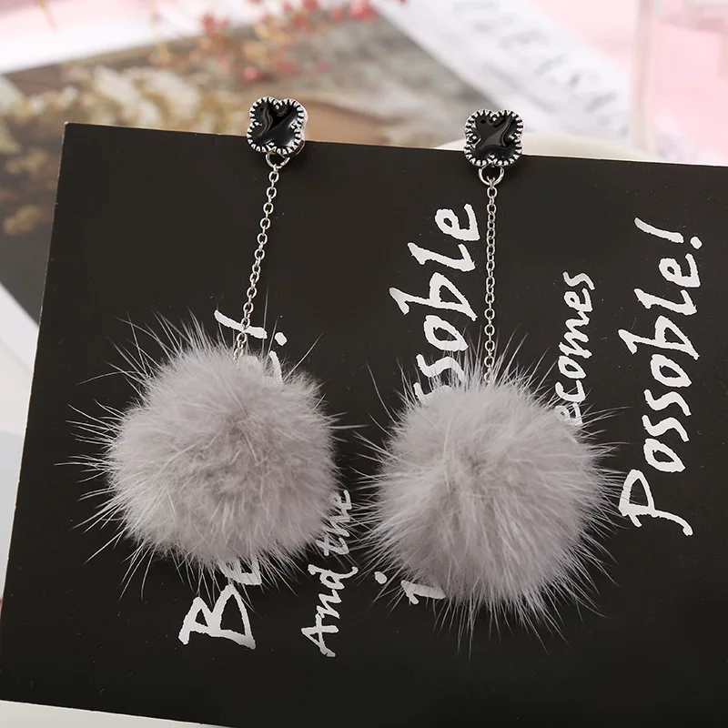Korean Style Long Four-leaf Fur Ball Ear Drop Statement Earrings 925 Silver Needle Hair Dangle for Women Girls | Украшения и