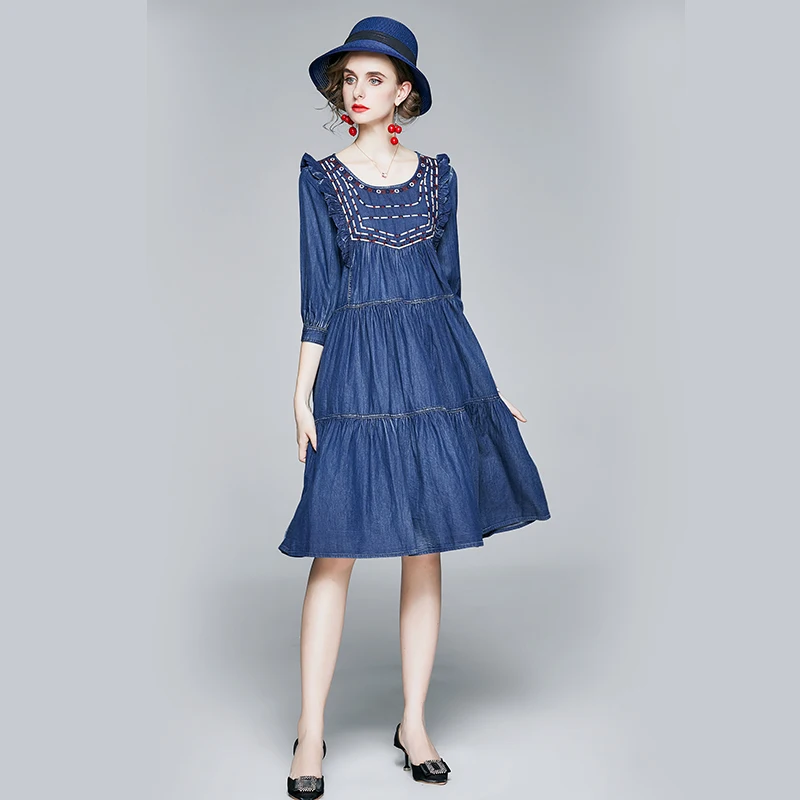 ZUOMAN Women Autumn Vintage Embroidery Denim Dress Festa High Quality Elegant Party Robe Femme Ruffles Designer Blue Vestidos