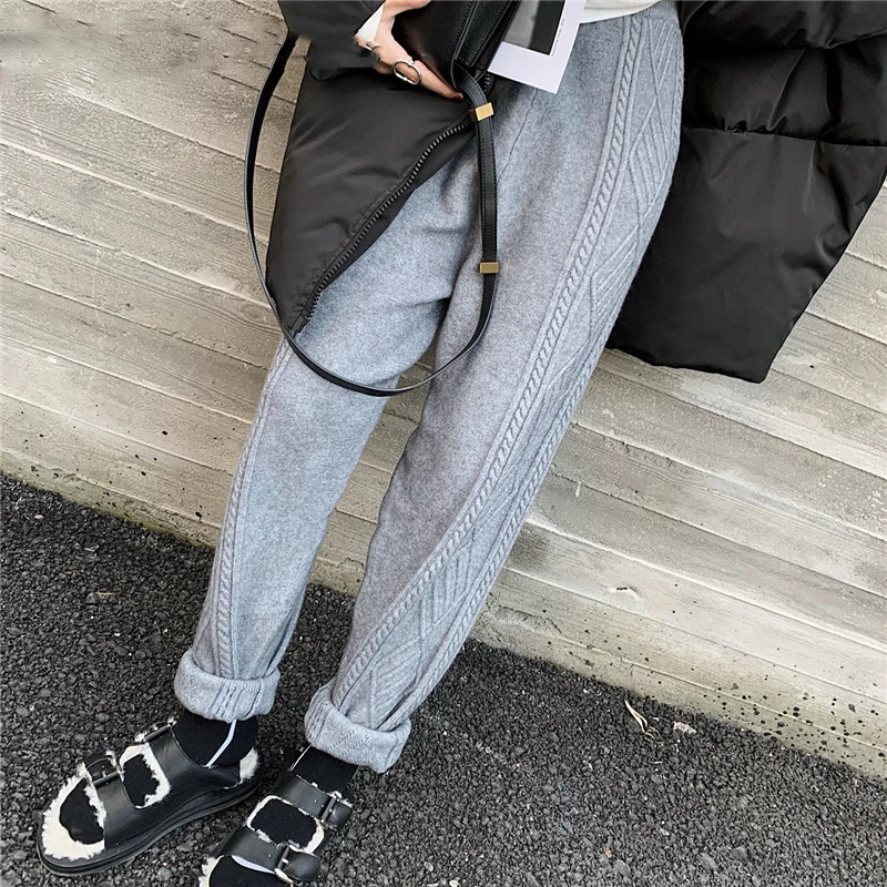 

Thicken Women Harem Pants Casual Drawstring Twisted Knitted Pants Femme Chic Warm Female Sweater Trousers 2021Winter