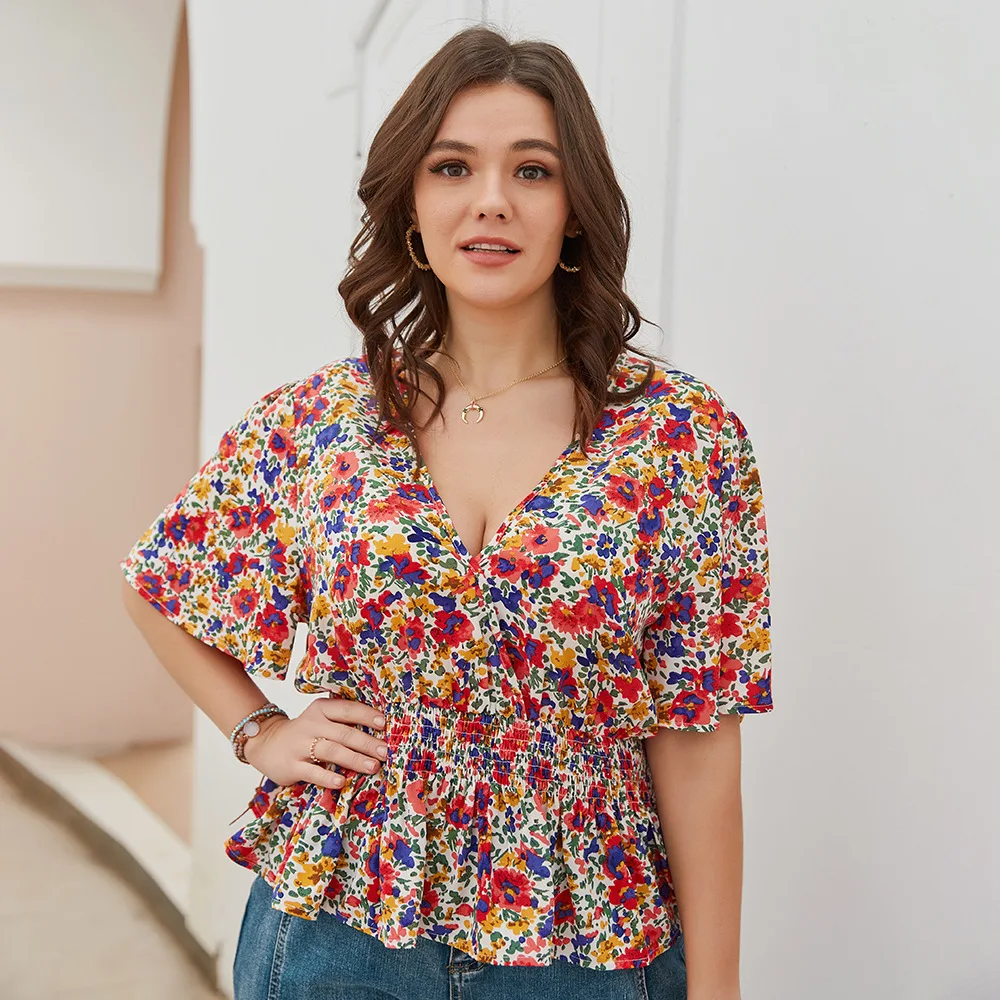 

Wrap Neck Butterfly Sleeve Peplum Blouse Women Boho 2021 Summer Short Sleeve Plus Size Print Womens Tops and Blouses