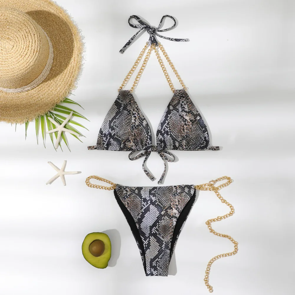 

Sexy Bikini Set Triangle Push Up Brazilian Bikinis Women Swimwear Chain String Bathing Suit Snakeskin Beach Wear Swimsuit Bather