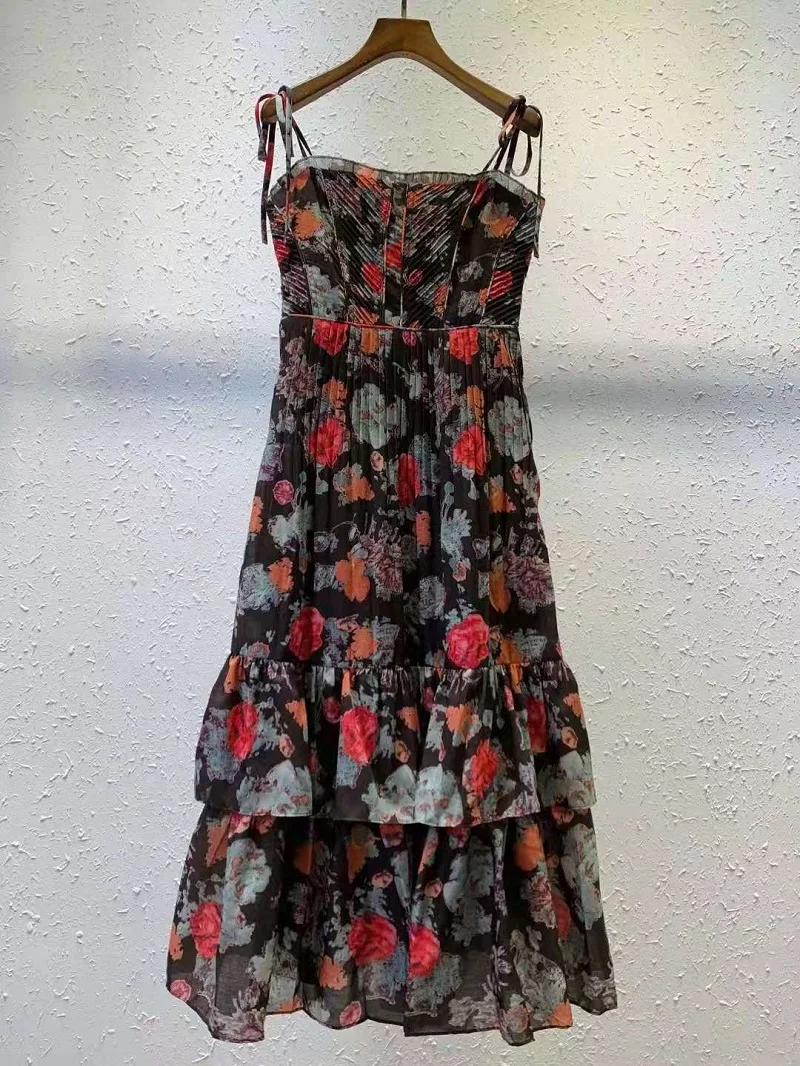 

2021 Summer Fashion Strap Dress High Quality Women Vintage Floral Print Ruffle Patchwork Mid-Calf White Yellow Black Dress Boho