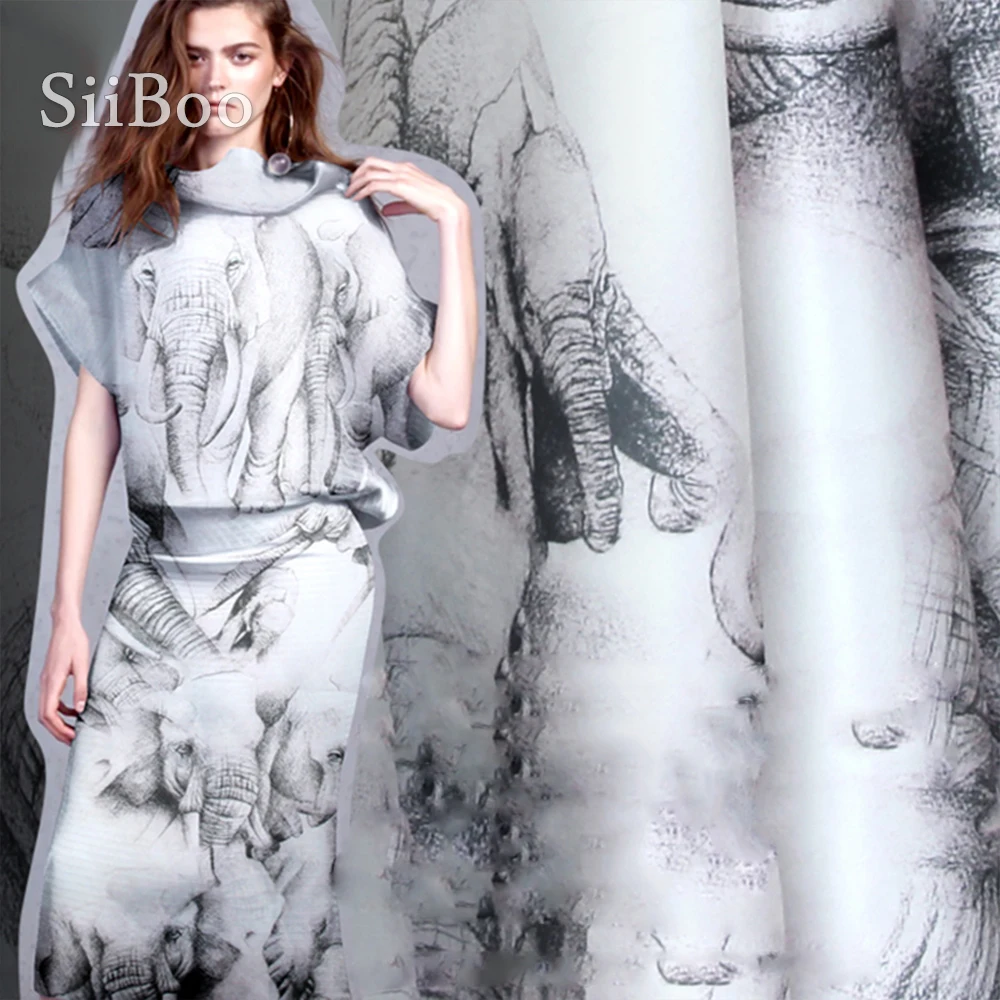 Дизайнерская черно-белая ткань из 100% шелковой органзы с принтом слона для