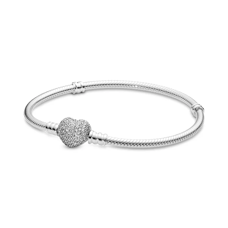 

Romantic 925 Sterling Silver Sparkling Heart Clasp Snake Chain Bracelet For Women For Original Brand DIY Charm Beads Jewelry