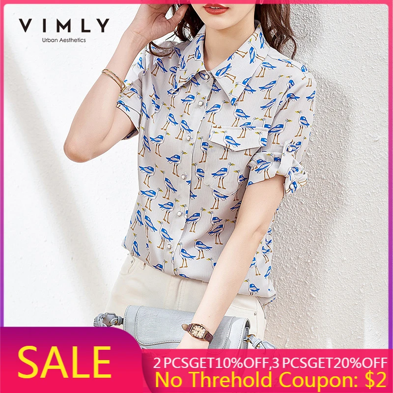 

VIMLY New Summer Blouse for Women 2021 Fashion Printed Button up Shirt Turn Down Collar Vintage Blouses Female Tops F7599
