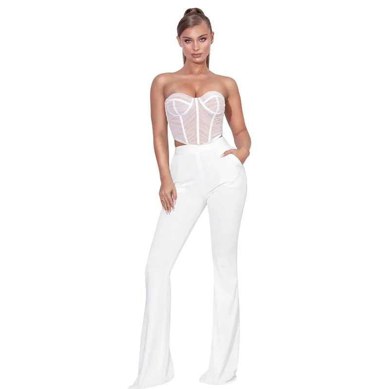 Sexy Off Shoulder Strapless Mesh Crop Top and White Long Pants Casual Slim Women Two Pieces Set Summer Streetwear 2021 H1138