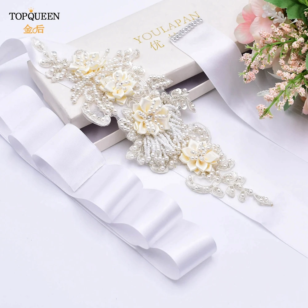 TOPQUEEN Luxury Bridal Belt for Brides White Flower Maternity Sash Bride Accessory Pearl Belts Women Ivory S346 | Свадьбы и