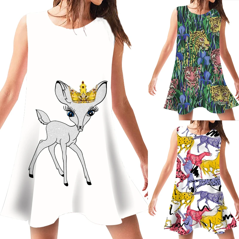 2019 летнее платье женское без рукавов свободный сарафан милый мультяшный принт с