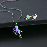 rainbow catcher pendants necklaces ballet dance angle heart moon star stainless steel stud earrings women colorful jewelry set