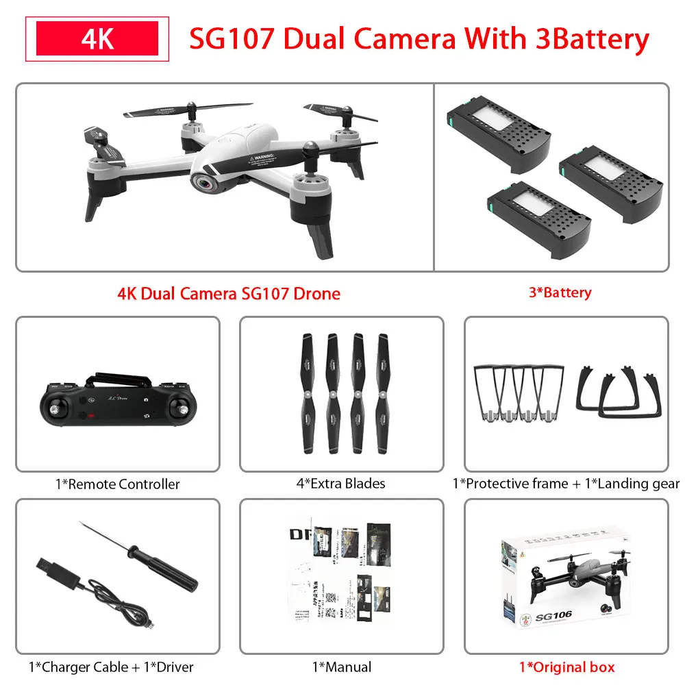 4K White SG106 3B SG106 WiFi FPV Радиоуправляемый Дрон с 720P или 1080P или 4K HD двойной камерой оптический поток воздушный видео Радиоуправляемый квадрокоптер для игрушек Детский Радиоуправляемый Дрон - Цвет: 4K White SG106 3B